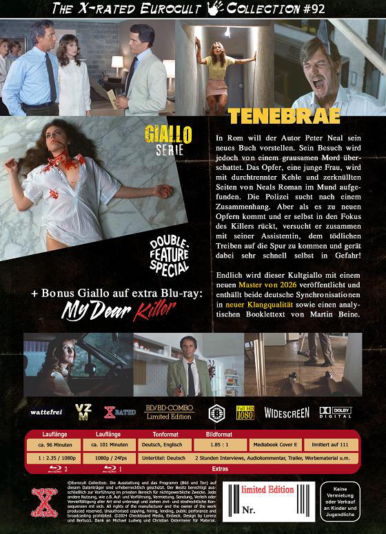 TENEBRE (TENEBRAE) (Blu-Ray) (2Discs) - Cover E -  Mediabook - Limited 111 Edition + Bonusfilm: My Dear Killer